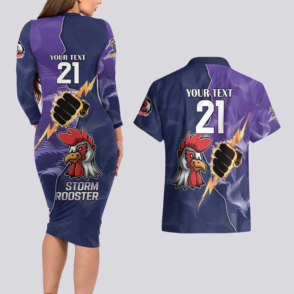 NRL Storm-Rooster Mascot Custom Couples Matching Long Sleeve Bodycon Dress and Hawaiian Shirt Cracked Metal Style