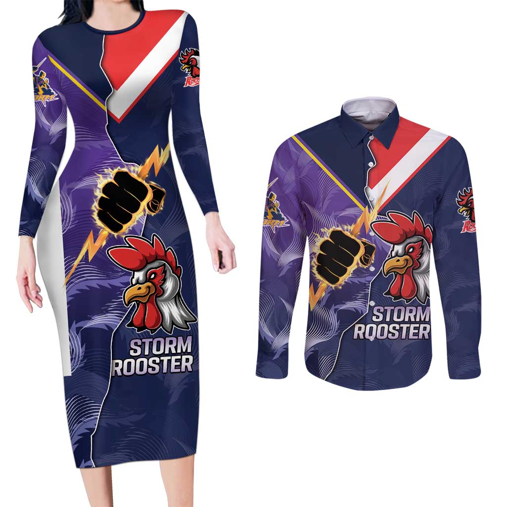 NRL Storm-Rooster Mascot Custom Couples Matching Long Sleeve Bodycon Dress and Long Sleeve Button Shirt Cracked Metal Style