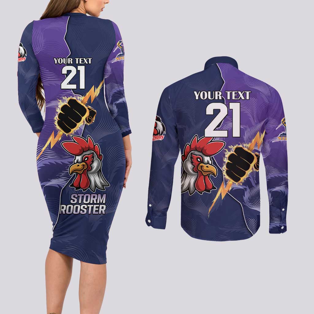 NRL Storm-Rooster Mascot Custom Couples Matching Long Sleeve Bodycon Dress and Long Sleeve Button Shirt Cracked Metal Style