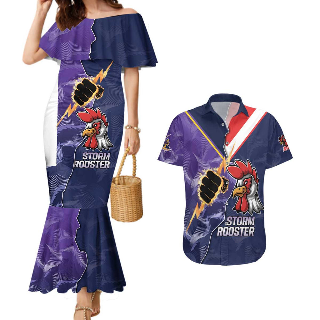 NRL Storm-Rooster Mascot Custom Couples Matching Mermaid Dress and Hawaiian Shirt Cracked Metal Style