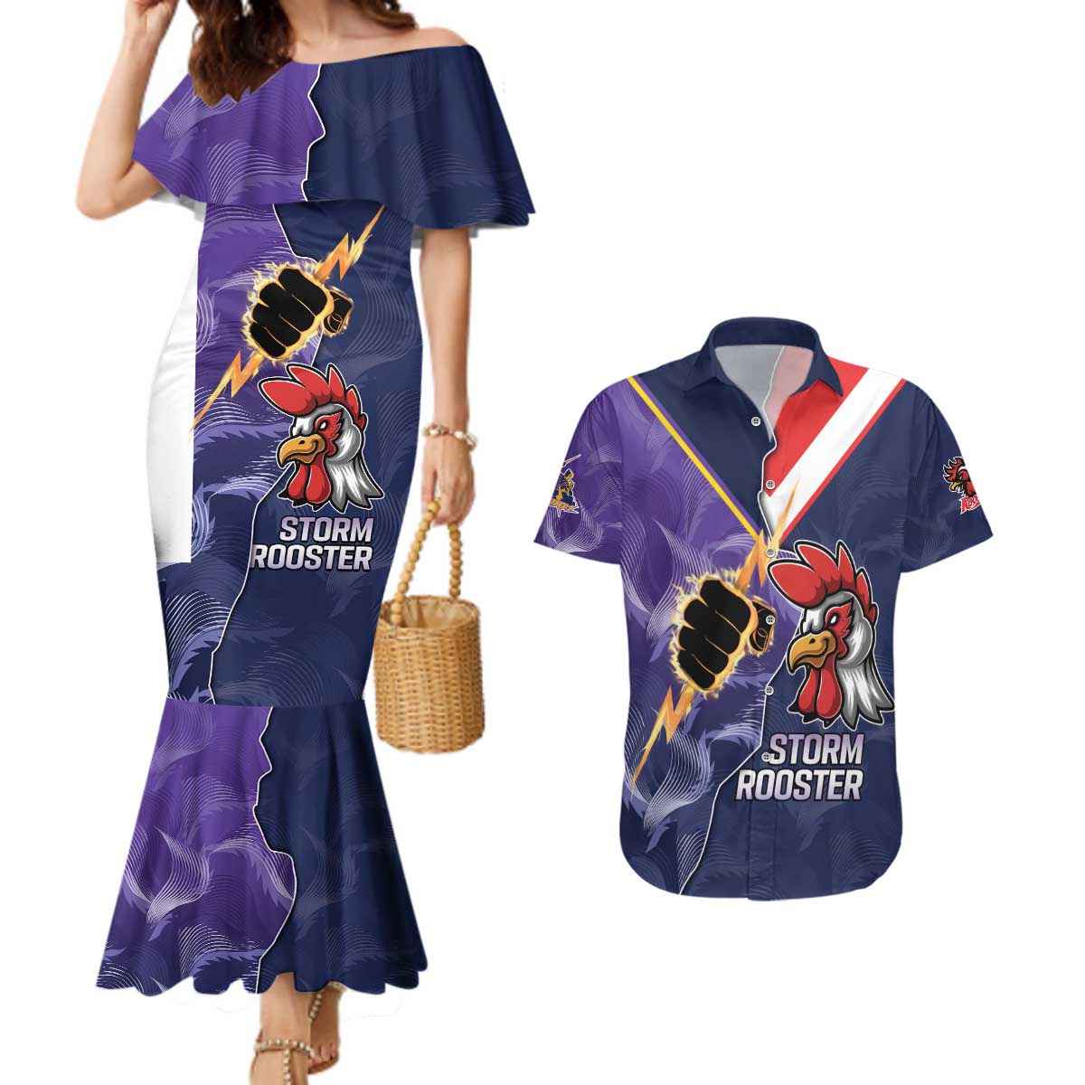 NRL Storm-Rooster Mascot Custom Couples Matching Mermaid Dress and Hawaiian Shirt Cracked Metal Style