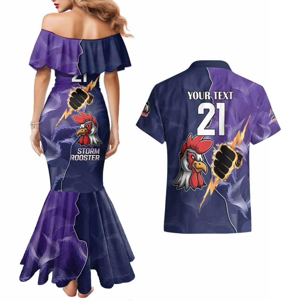 NRL Storm-Rooster Mascot Custom Couples Matching Mermaid Dress and Hawaiian Shirt Cracked Metal Style