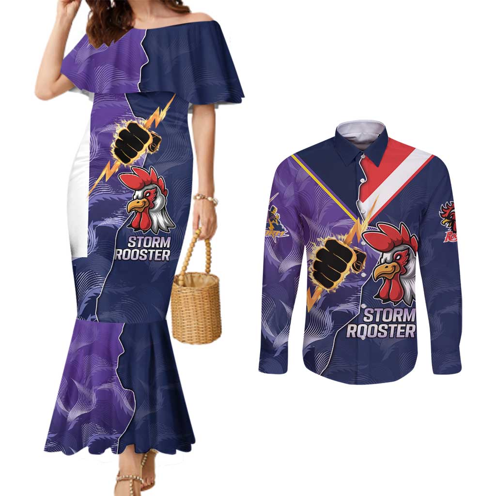 NRL Storm-Rooster Mascot Custom Couples Matching Mermaid Dress and Long Sleeve Button Shirt Cracked Metal Style
