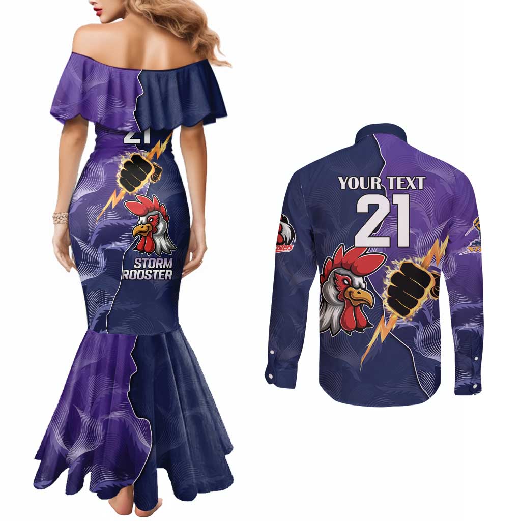 NRL Storm-Rooster Mascot Custom Couples Matching Mermaid Dress and Long Sleeve Button Shirt Cracked Metal Style