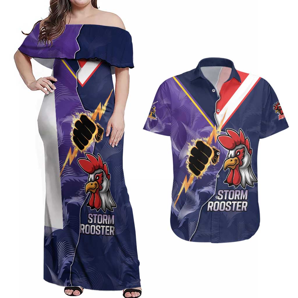NRL Storm-Rooster Mascot Custom Couples Matching Off Shoulder Maxi Dress and Hawaiian Shirt Cracked Metal Style