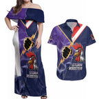 NRL Storm-Rooster Mascot Custom Couples Matching Off Shoulder Maxi Dress and Hawaiian Shirt Cracked Metal Style