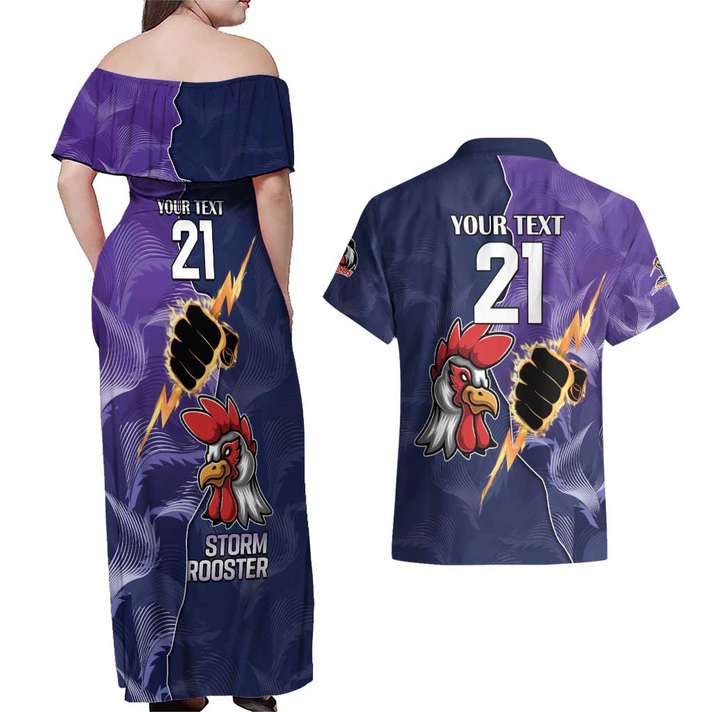 NRL Storm-Rooster Mascot Custom Couples Matching Off Shoulder Maxi Dress and Hawaiian Shirt Cracked Metal Style