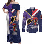 NRL Storm-Rooster Mascot Custom Couples Matching Off Shoulder Maxi Dress and Long Sleeve Button Shirt Cracked Metal Style