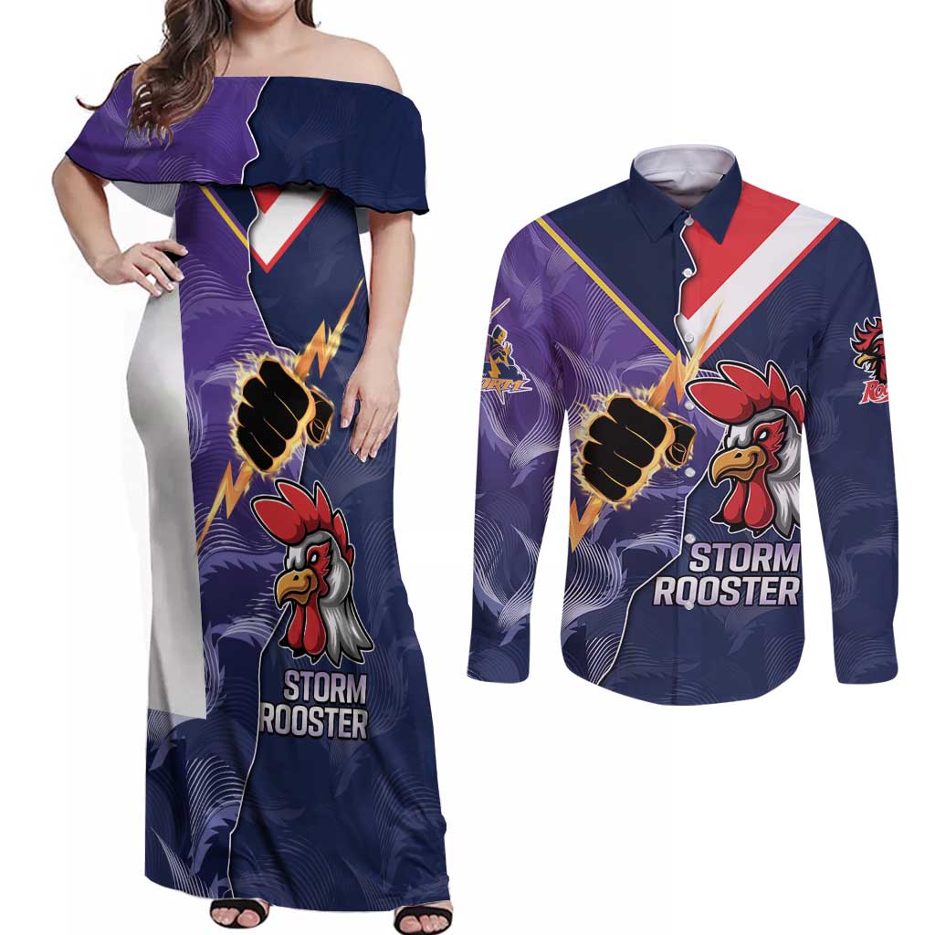 NRL Storm-Rooster Mascot Custom Couples Matching Off Shoulder Maxi Dress and Long Sleeve Button Shirt Cracked Metal Style
