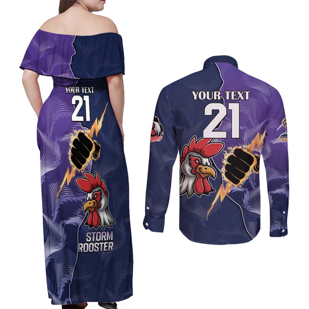 NRL Storm-Rooster Mascot Custom Couples Matching Off Shoulder Maxi Dress and Long Sleeve Button Shirt Cracked Metal Style