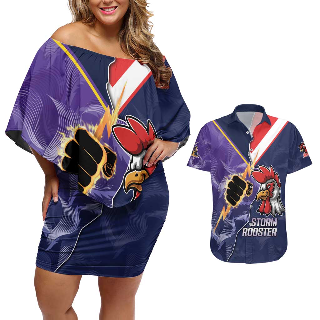 NRL Storm-Rooster Mascot Custom Couples Matching Off Shoulder Short Dress and Hawaiian Shirt Cracked Metal Style