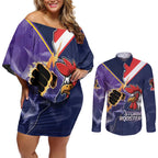 NRL Storm-Rooster Mascot Custom Couples Matching Off Shoulder Short Dress and Long Sleeve Button Shirt Cracked Metal Style