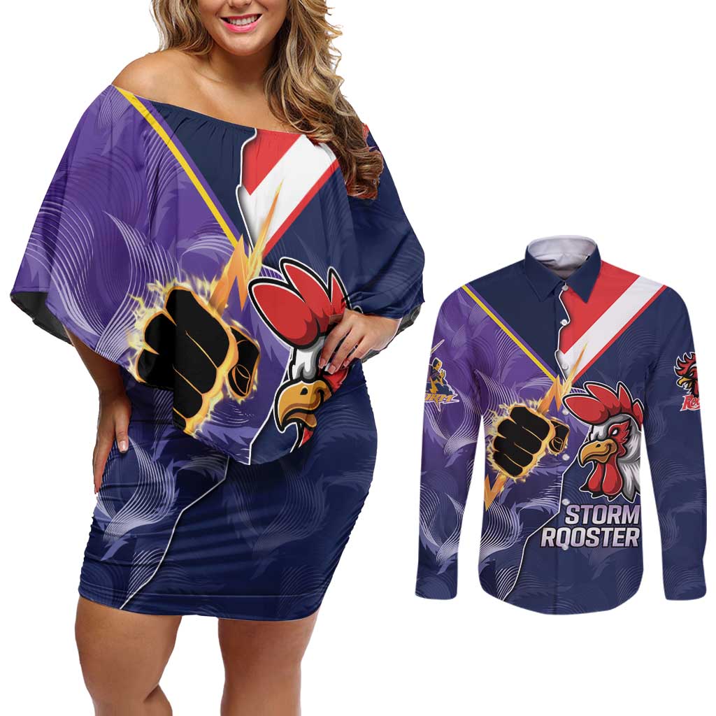 NRL Storm-Rooster Mascot Custom Couples Matching Off Shoulder Short Dress and Long Sleeve Button Shirt Cracked Metal Style