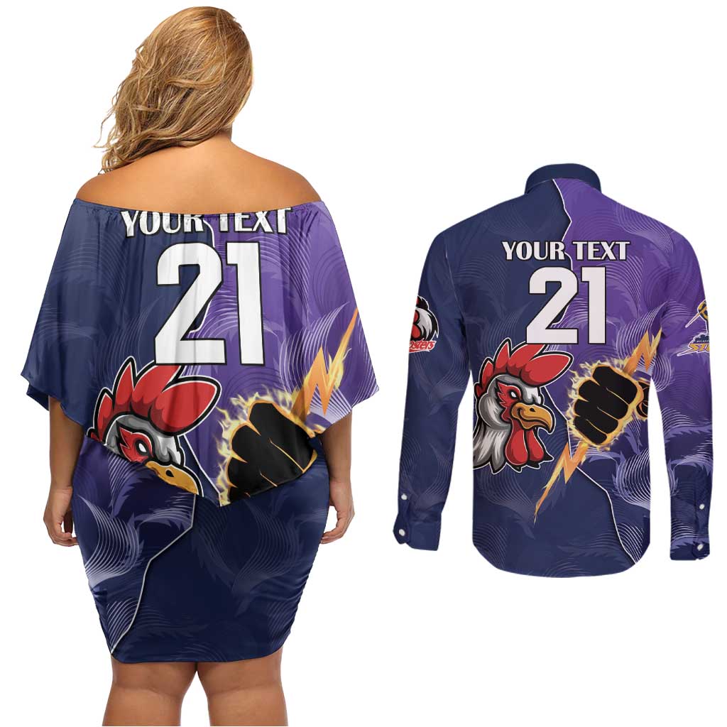 NRL Storm-Rooster Mascot Custom Couples Matching Off Shoulder Short Dress and Long Sleeve Button Shirt Cracked Metal Style