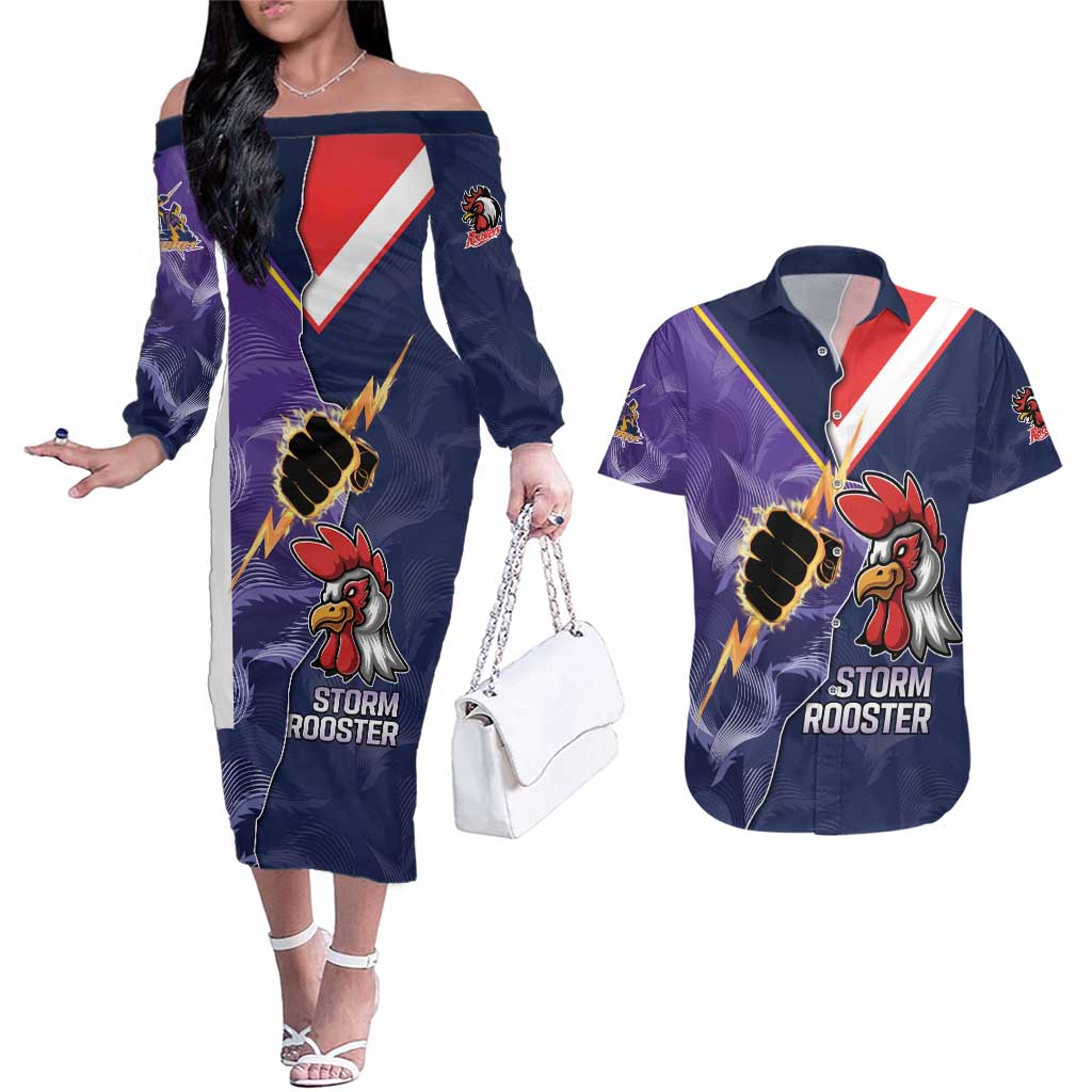 NRL Storm-Rooster Mascot Custom Couples Matching Off The Shoulder Long Sleeve Dress and Hawaiian Shirt Cracked Metal Style