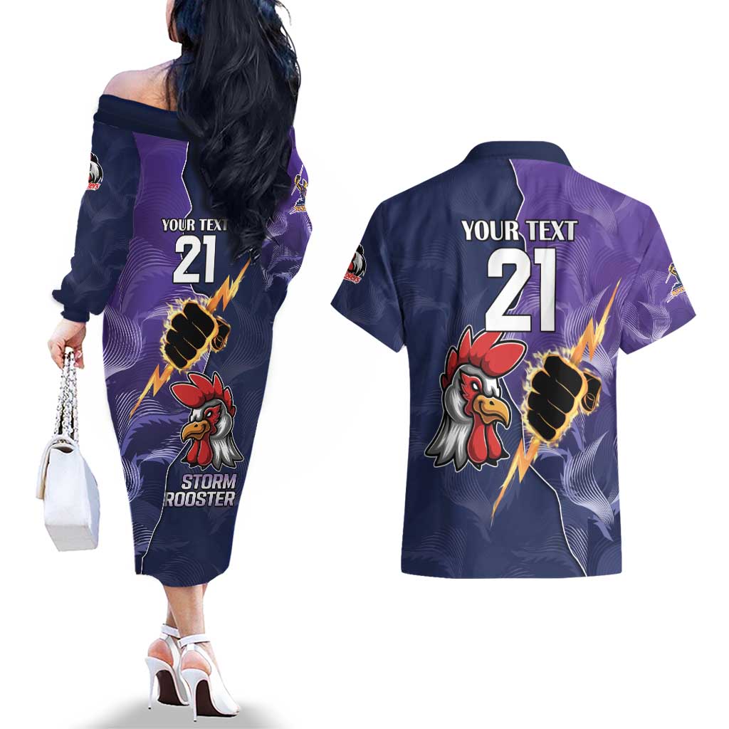 NRL Storm-Rooster Mascot Custom Couples Matching Off The Shoulder Long Sleeve Dress and Hawaiian Shirt Cracked Metal Style