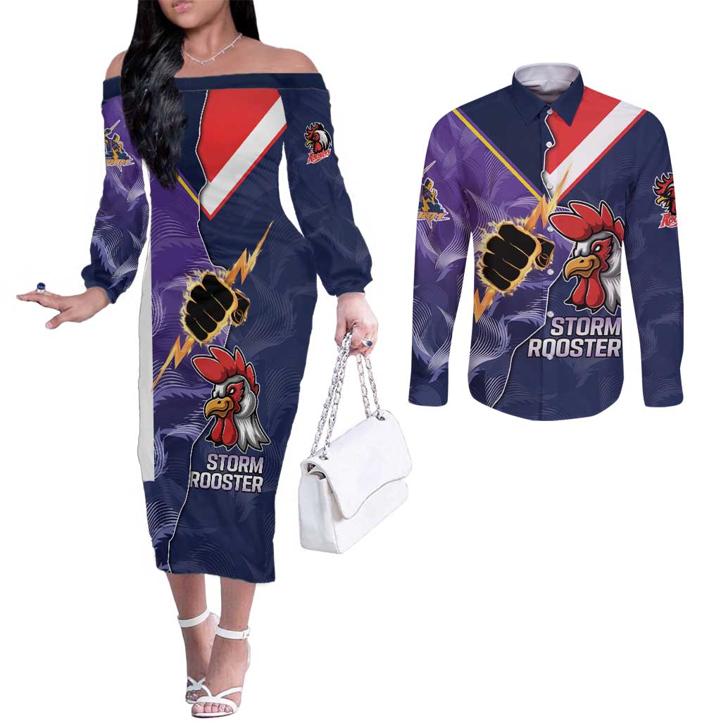 NRL Storm-Rooster Mascot Custom Couples Matching Off The Shoulder Long Sleeve Dress and Long Sleeve Button Shirt Cracked Metal Style