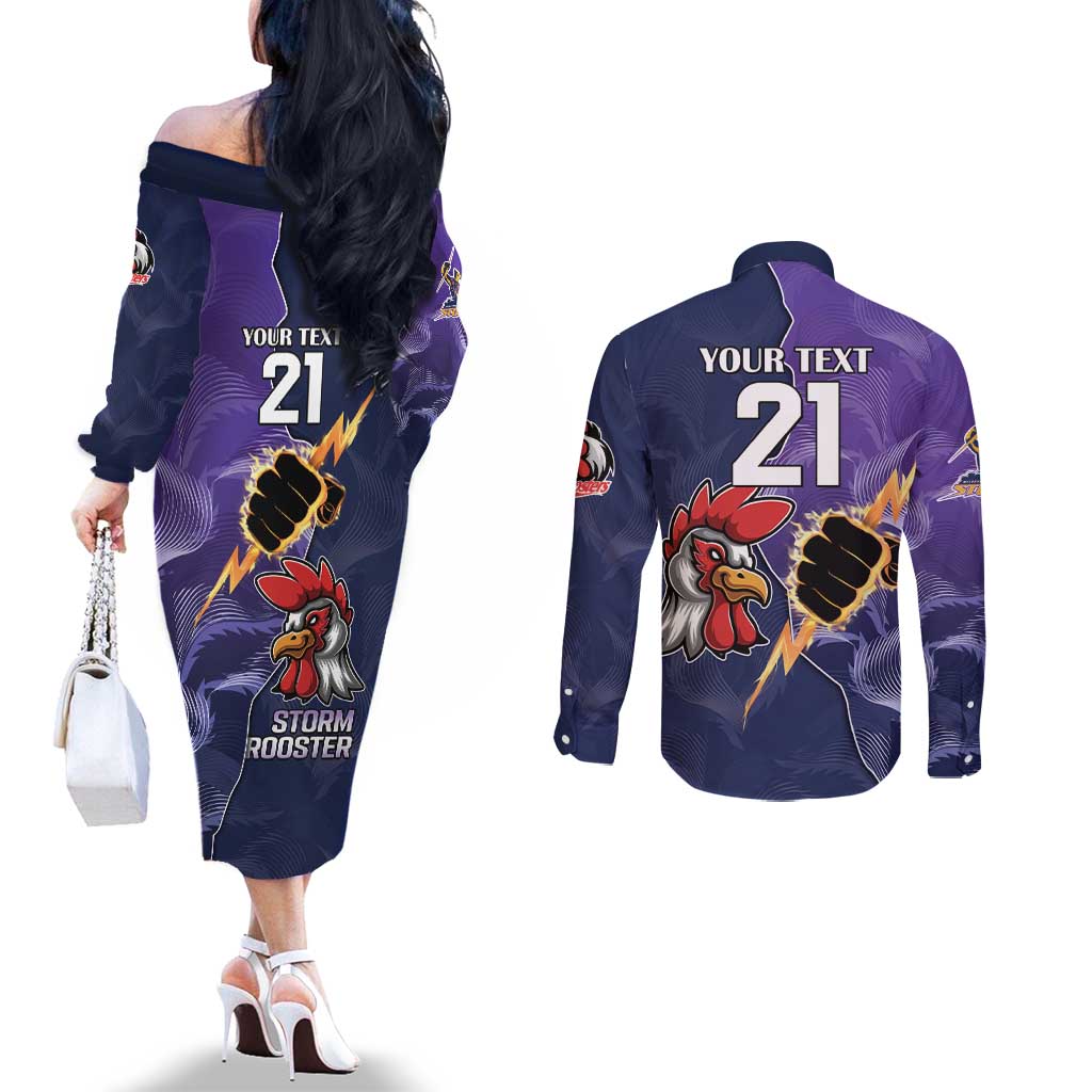 NRL Storm-Rooster Mascot Custom Couples Matching Off The Shoulder Long Sleeve Dress and Long Sleeve Button Shirt Cracked Metal Style