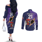 NRL Storm-Rooster Mascot Custom Couples Matching Off The Shoulder Long Sleeve Dress and Long Sleeve Button Shirt Cracked Metal Style