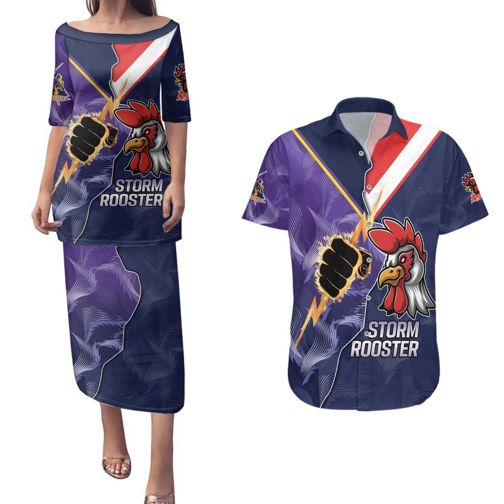 NRL Storm-Rooster Mascot Custom Couples Matching Puletasi and Hawaiian Shirt Cracked Metal Style