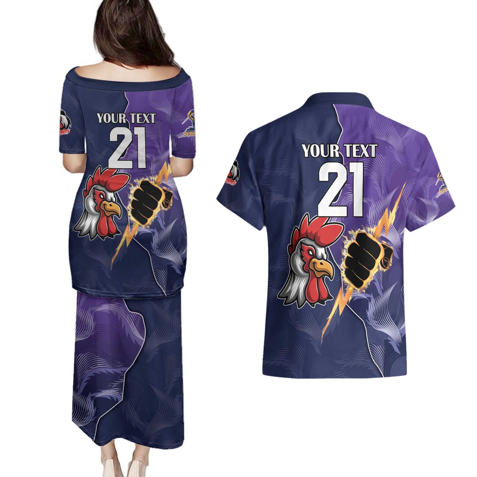 NRL Storm-Rooster Mascot Custom Couples Matching Puletasi and Hawaiian Shirt Cracked Metal Style