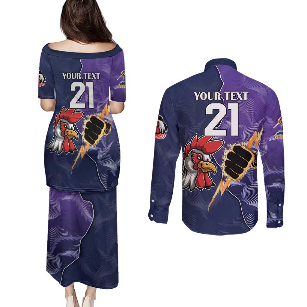 NRL Storm-Rooster Mascot Custom Couples Matching Puletasi and Long Sleeve Button Shirt Cracked Metal Style