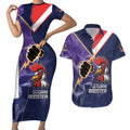 NRL Storm-Rooster Mascot Custom Couples Matching Short Sleeve Bodycon Dress and Hawaiian Shirt Cracked Metal Style