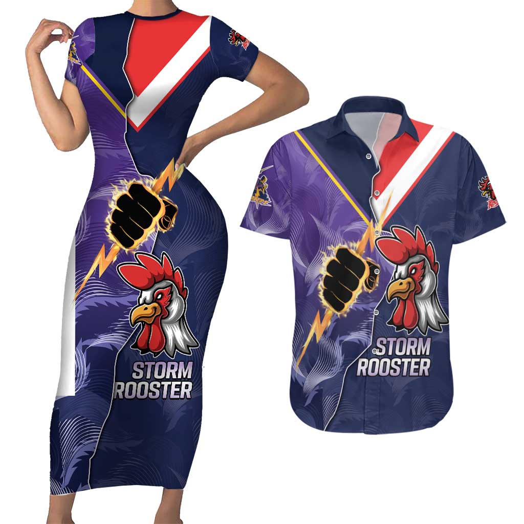 NRL Storm-Rooster Mascot Custom Couples Matching Short Sleeve Bodycon Dress and Hawaiian Shirt Cracked Metal Style