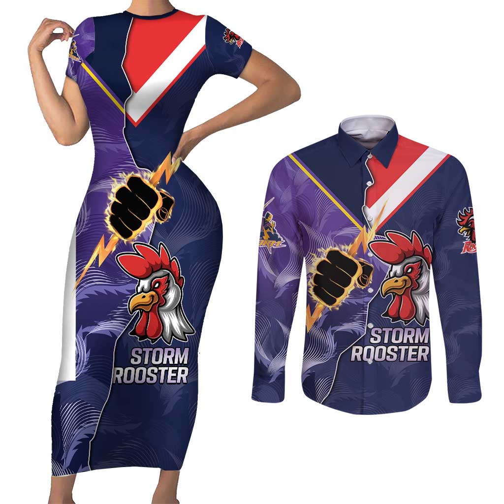 NRL Storm-Rooster Mascot Custom Couples Matching Short Sleeve Bodycon Dress and Long Sleeve Button Shirt Cracked Metal Style