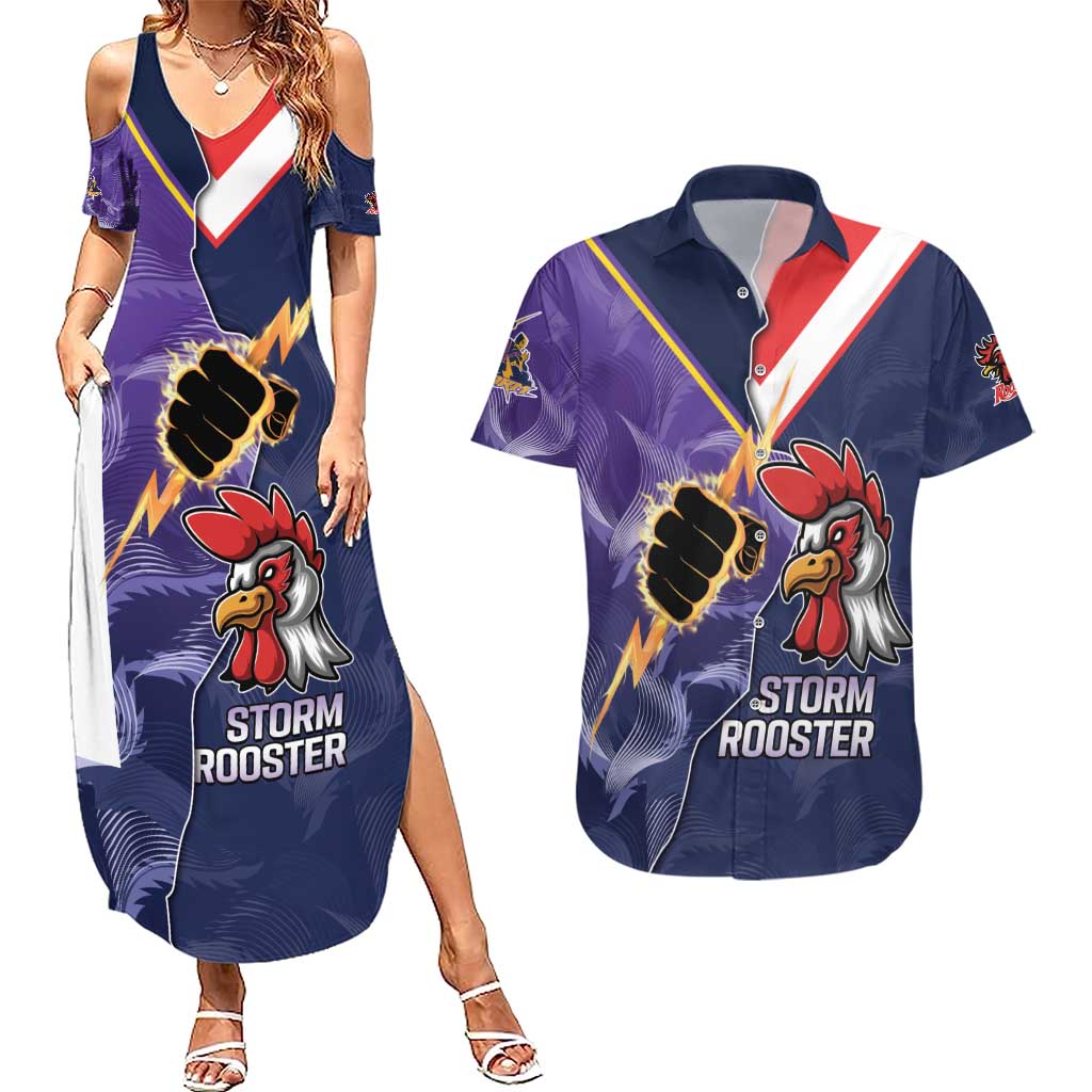 NRL Storm-Rooster Mascot Custom Couples Matching Summer Maxi Dress and Hawaiian Shirt Cracked Metal Style