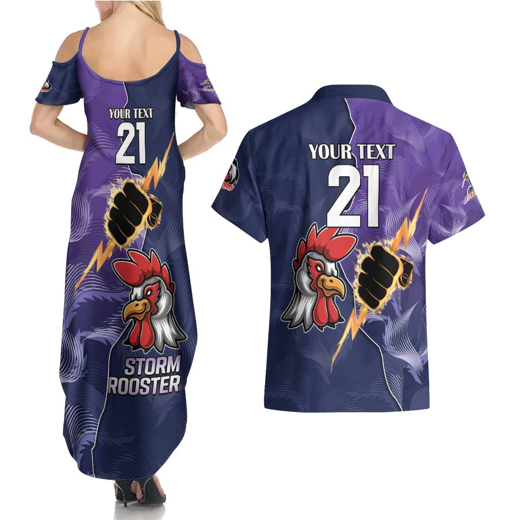 NRL Storm-Rooster Mascot Custom Couples Matching Summer Maxi Dress and Hawaiian Shirt Cracked Metal Style
