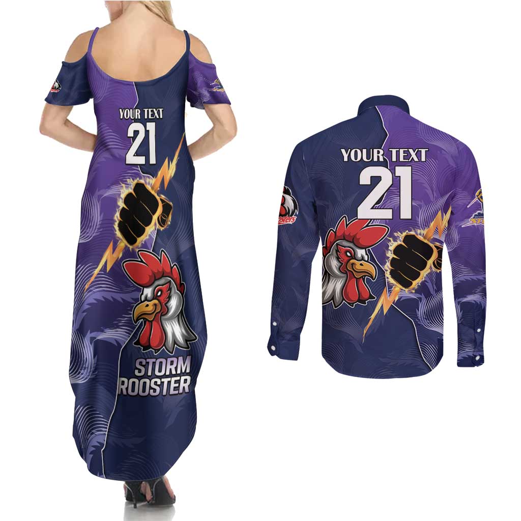 NRL Storm-Rooster Mascot Custom Couples Matching Summer Maxi Dress and Long Sleeve Button Shirt Cracked Metal Style