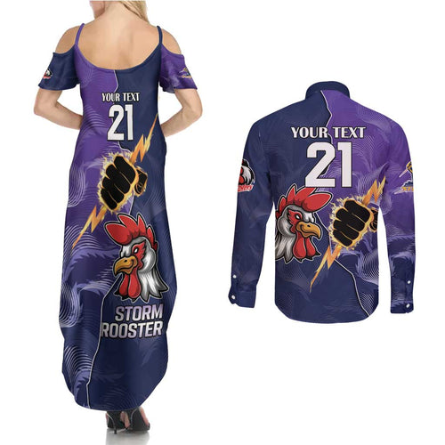 NRL Storm-Rooster Mascot Custom Couples Matching Summer Maxi Dress and Long Sleeve Button Shirt Cracked Metal Style
