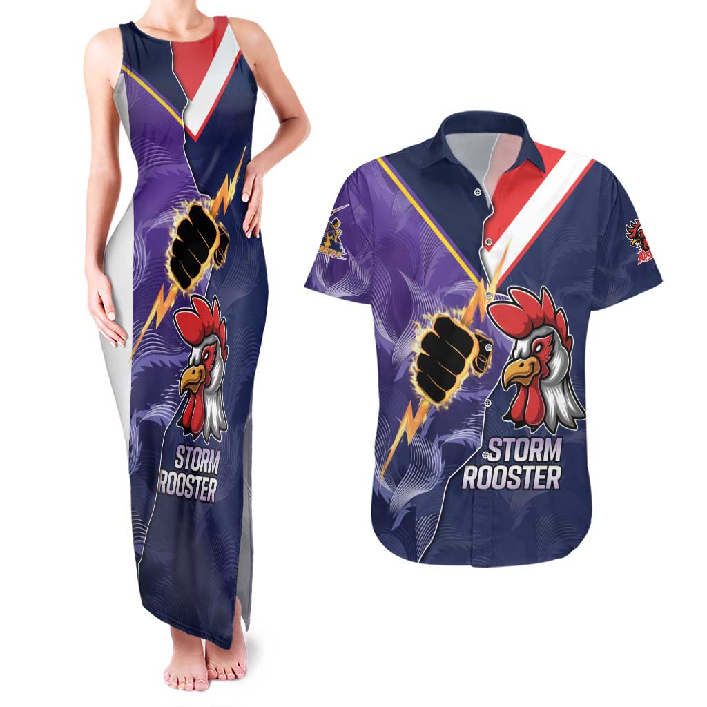 NRL Storm-Rooster Mascot Custom Couples Matching Tank Maxi Dress and Hawaiian Shirt Cracked Metal Style