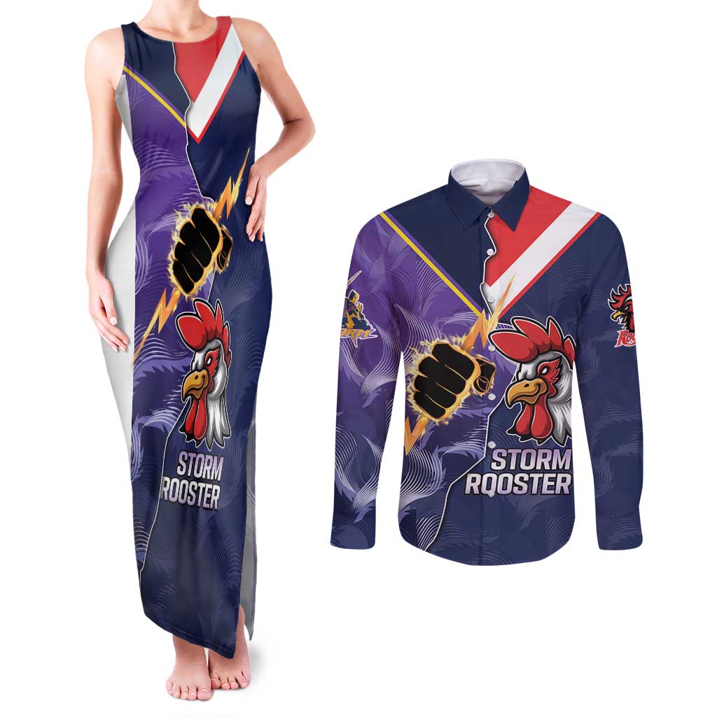 NRL Storm-Rooster Mascot Custom Couples Matching Tank Maxi Dress and Long Sleeve Button Shirt Cracked Metal Style