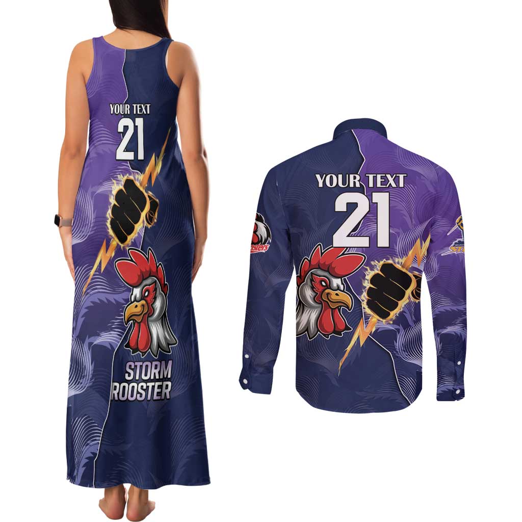 NRL Storm-Rooster Mascot Custom Couples Matching Tank Maxi Dress and Long Sleeve Button Shirt Cracked Metal Style