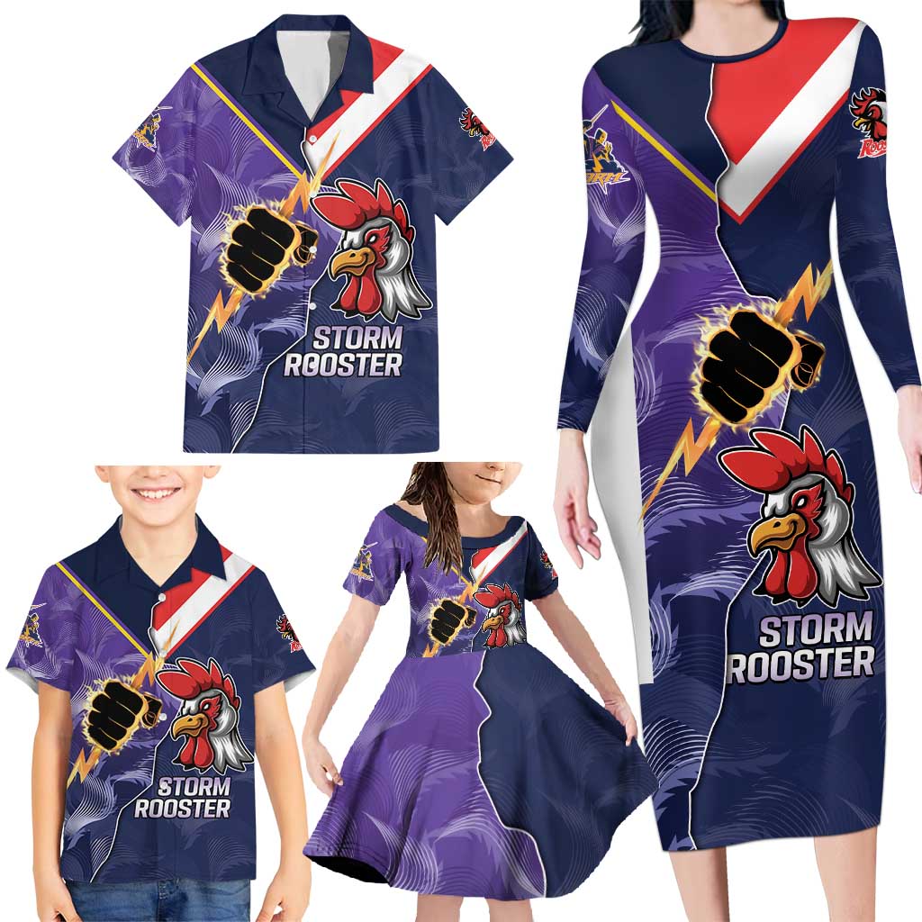 NRL Storm-Rooster Mascot Custom Family Matching Long Sleeve Bodycon Dress and Hawaiian Shirt Cracked Metal Style