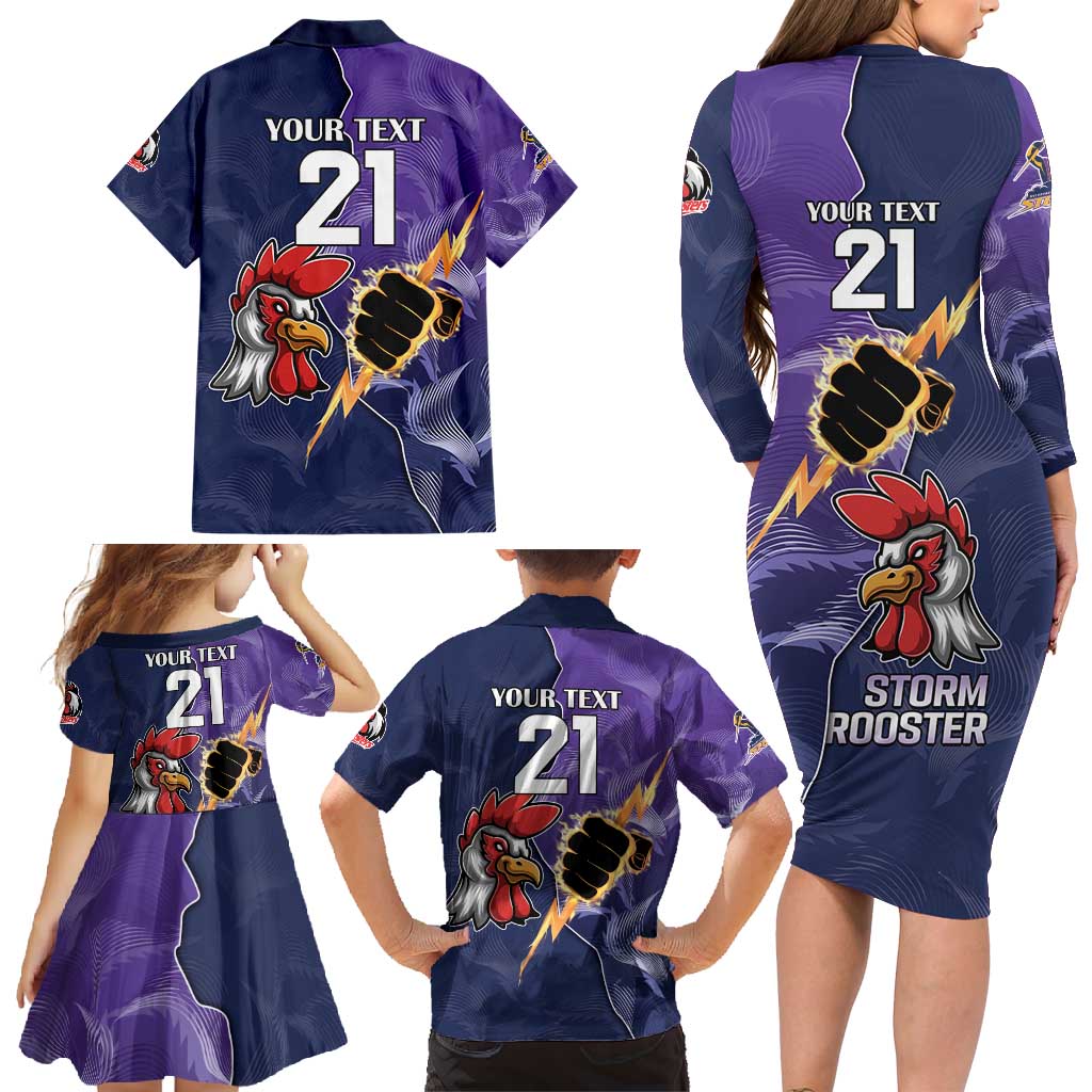 NRL Storm-Rooster Mascot Custom Family Matching Long Sleeve Bodycon Dress and Hawaiian Shirt Cracked Metal Style
