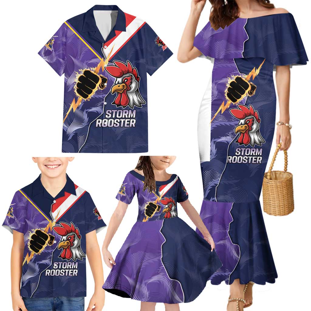 NRL Storm-Rooster Mascot Custom Family Matching Mermaid Dress and Hawaiian Shirt Cracked Metal Style