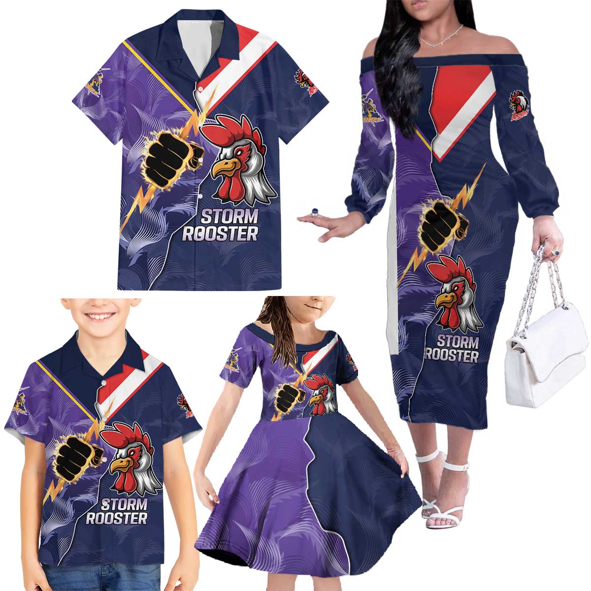 NRL Storm-Rooster Mascot Custom Family Matching Off The Shoulder Long Sleeve Dress and Hawaiian Shirt Cracked Metal Style