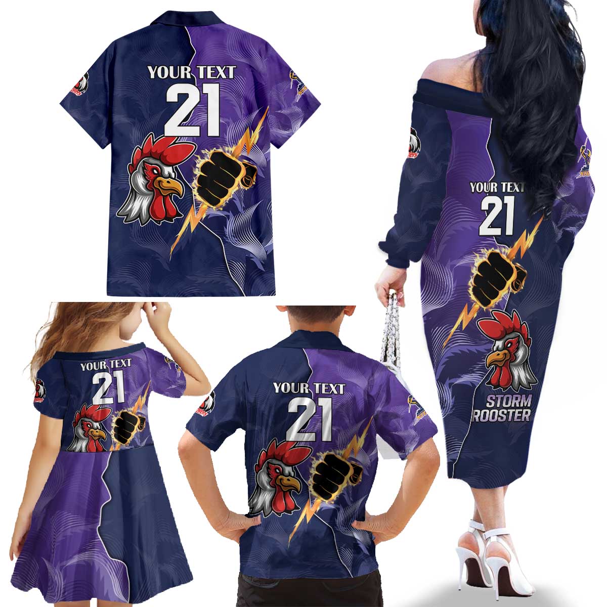 NRL Storm-Rooster Mascot Custom Family Matching Off The Shoulder Long Sleeve Dress and Hawaiian Shirt Cracked Metal Style