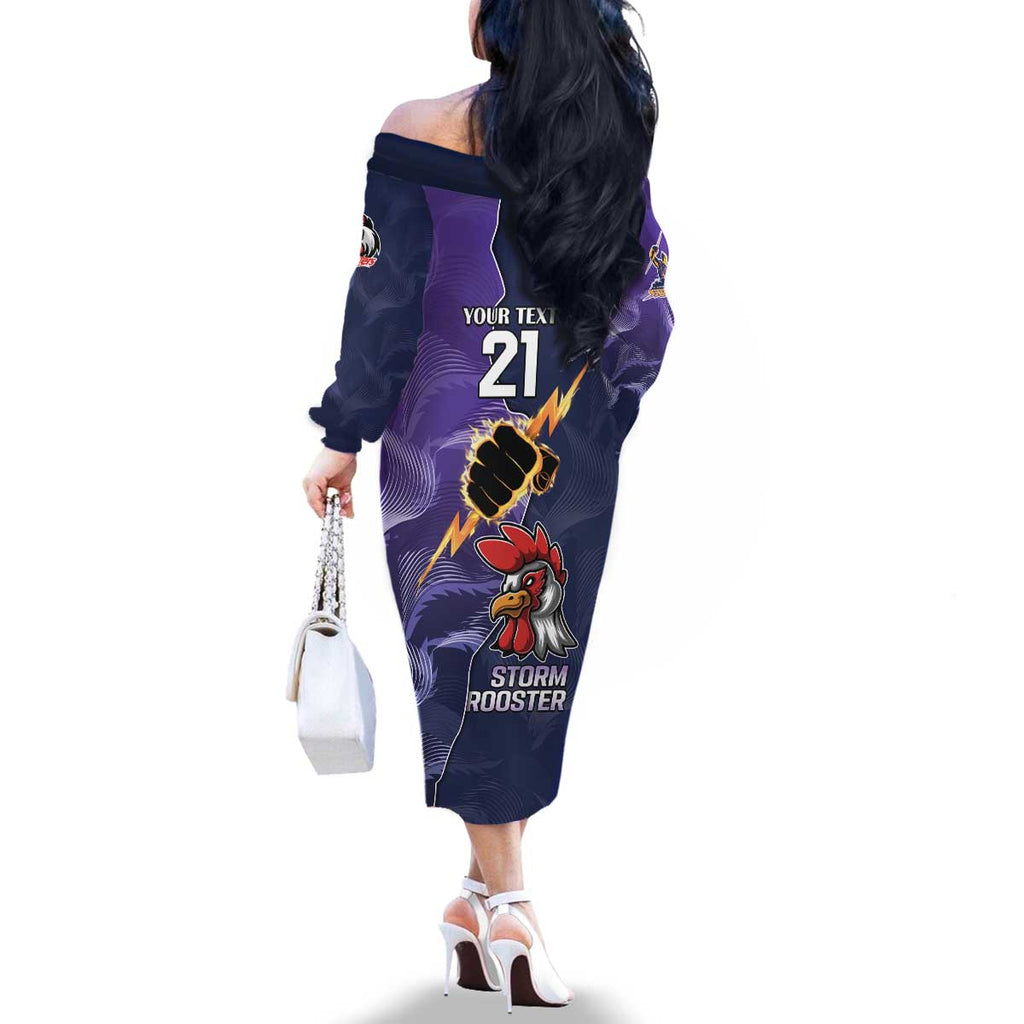 NRL Storm-Rooster Mascot Custom Family Matching Off The Shoulder Long Sleeve Dress and Hawaiian Shirt Cracked Metal Style