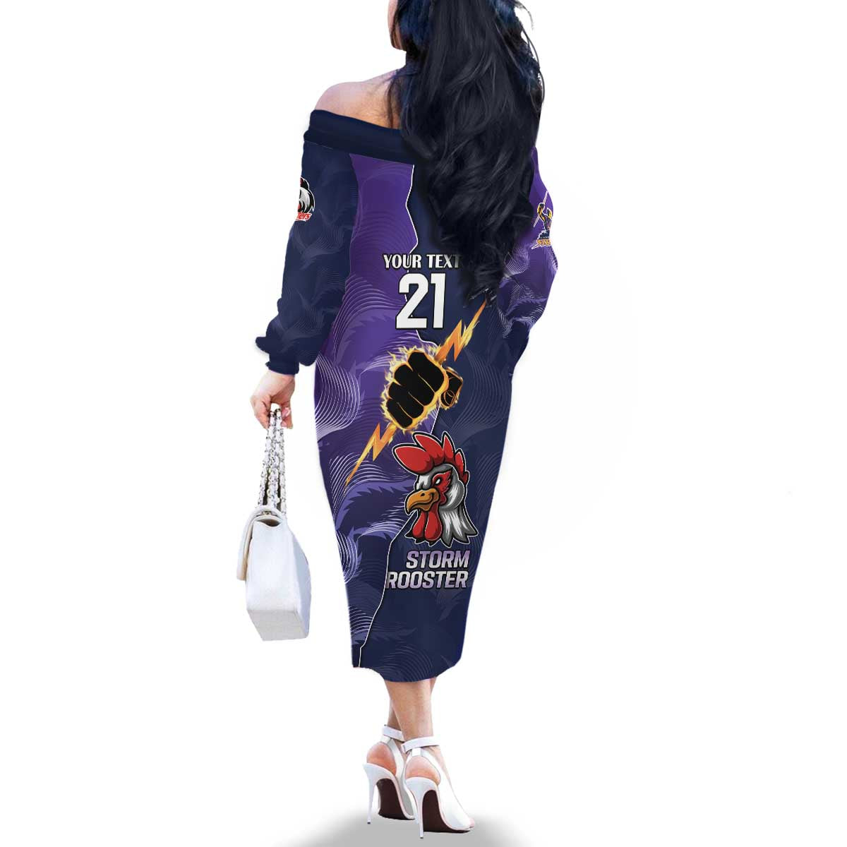 NRL Storm-Rooster Mascot Custom Family Matching Off The Shoulder Long Sleeve Dress and Hawaiian Shirt Cracked Metal Style