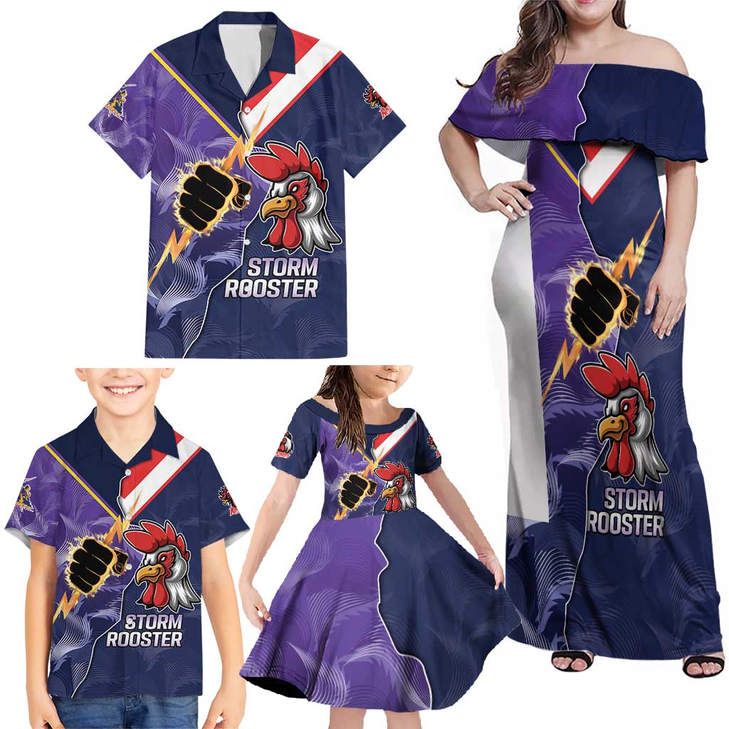 NRL Storm-Rooster Mascot Custom Family Matching Off Shoulder Maxi Dress and Hawaiian Shirt Cracked Metal Style