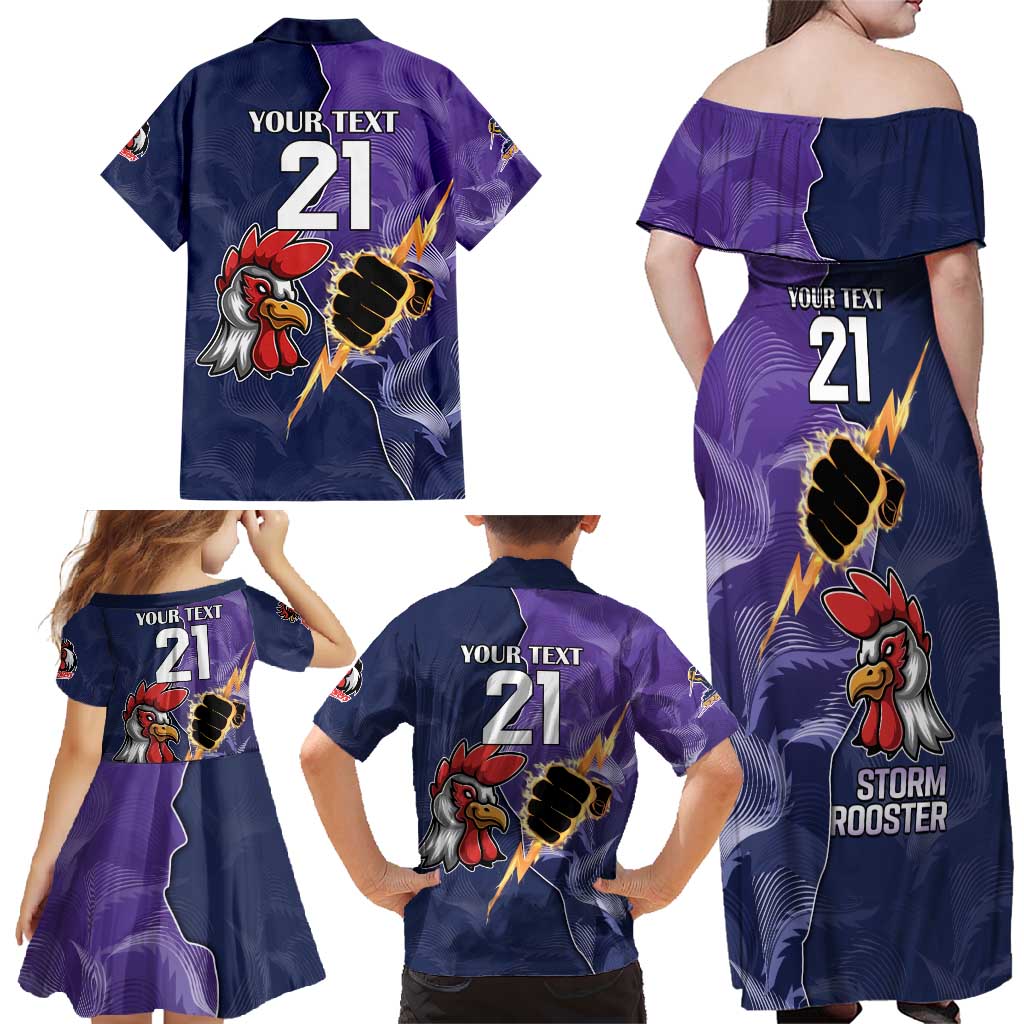 NRL Storm-Rooster Mascot Custom Family Matching Off Shoulder Maxi Dress and Hawaiian Shirt Cracked Metal Style