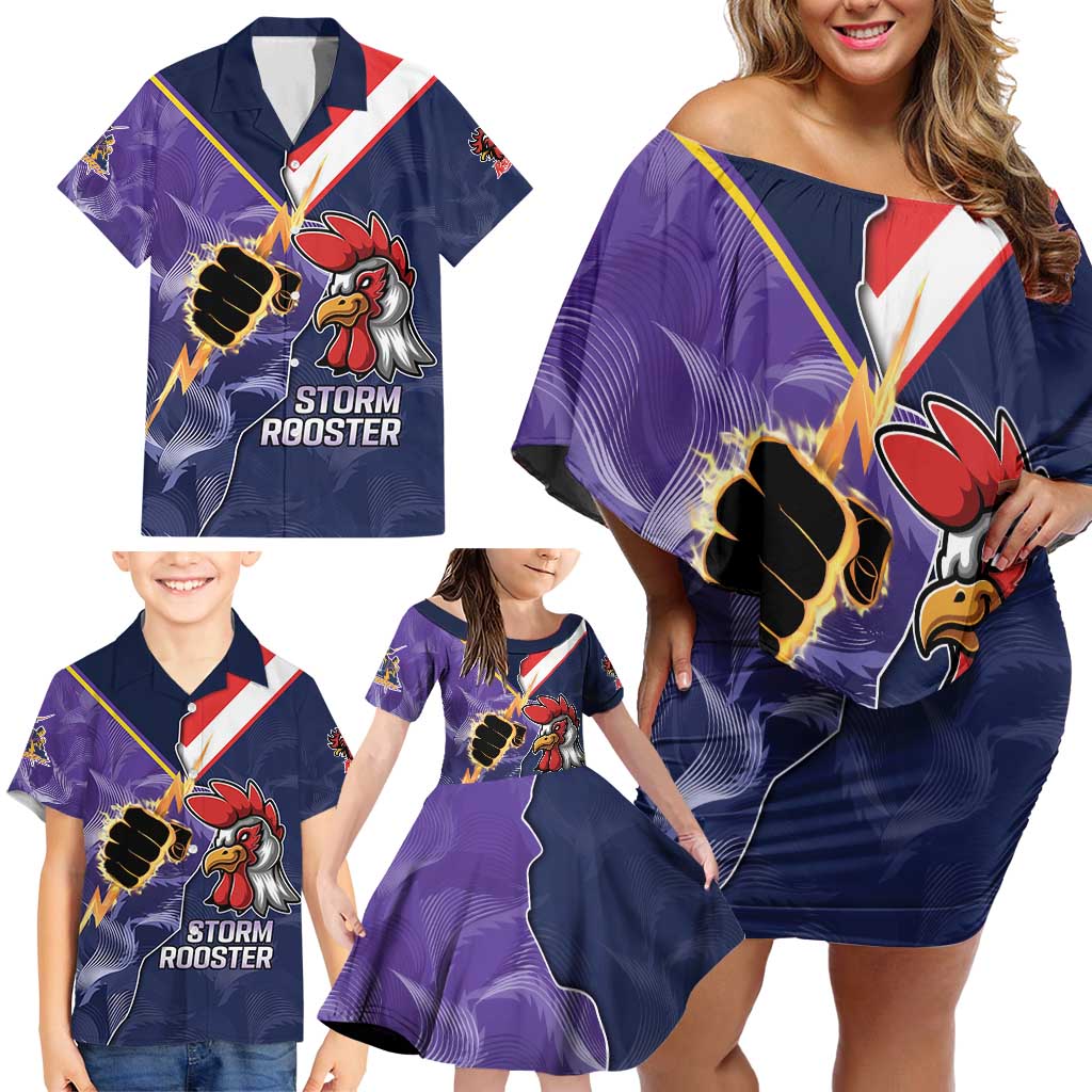 NRL Storm-Rooster Mascot Custom Family Matching Off Shoulder Short Dress and Hawaiian Shirt Cracked Metal Style