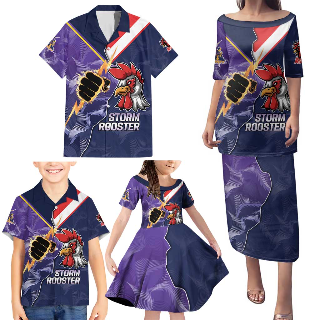 NRL Storm-Rooster Mascot Custom Family Matching Puletasi and Hawaiian Shirt Cracked Metal Style