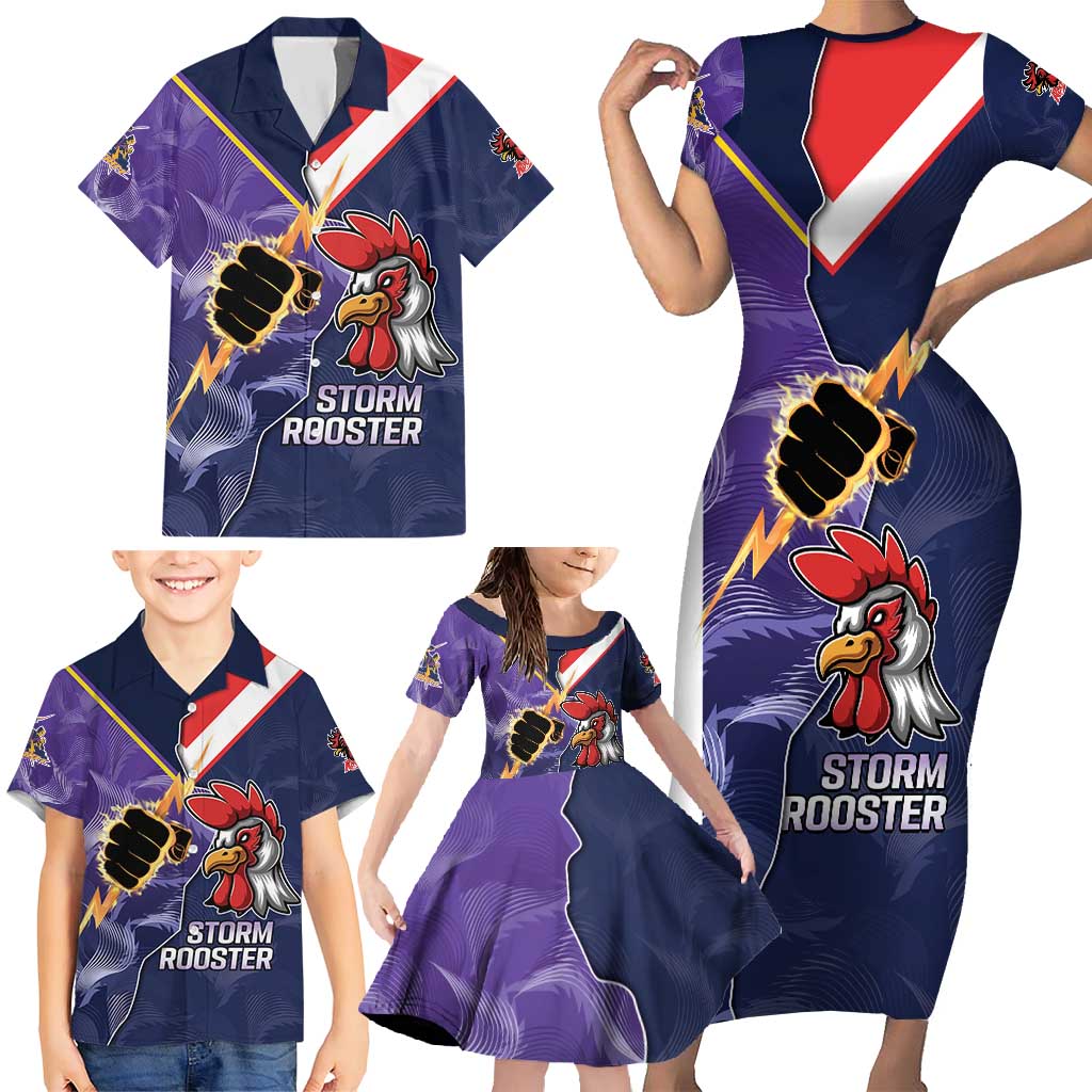 NRL Storm-Rooster Mascot Custom Family Matching Short Sleeve Bodycon Dress and Hawaiian Shirt Cracked Metal Style
