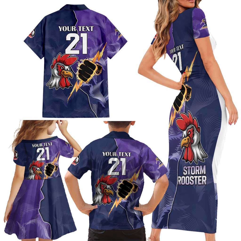 NRL Storm-Rooster Mascot Custom Family Matching Short Sleeve Bodycon Dress and Hawaiian Shirt Cracked Metal Style