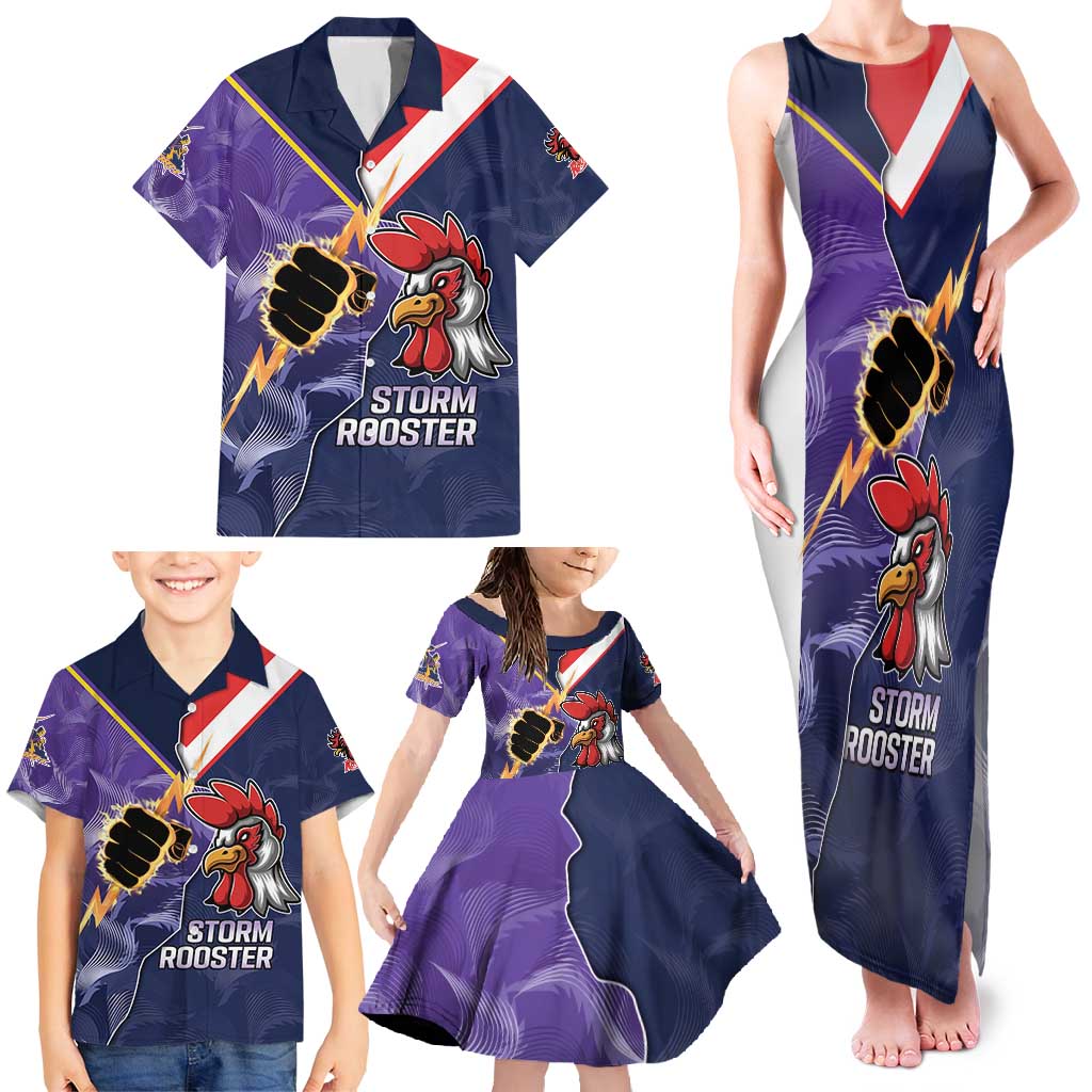 NRL Storm-Rooster Mascot Custom Family Matching Tank Maxi Dress and Hawaiian Shirt Cracked Metal Style